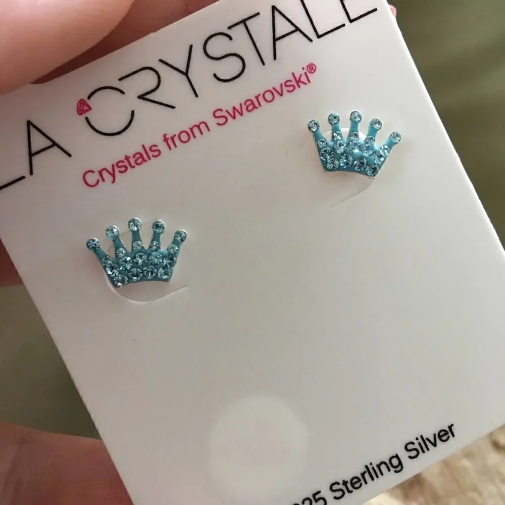 Girls Swarovski Sterling Silver Crown Ear Studs